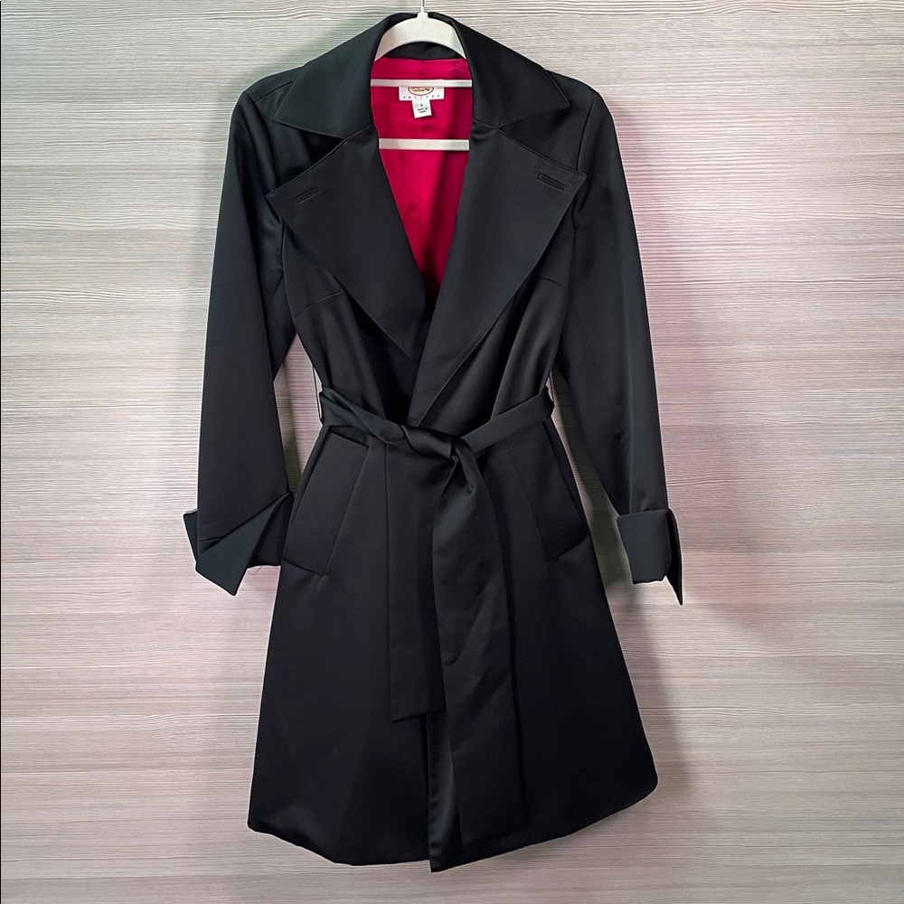 Talbots Petite Black Satin Trench Coat with Pink Lining Tie Waist Size Small